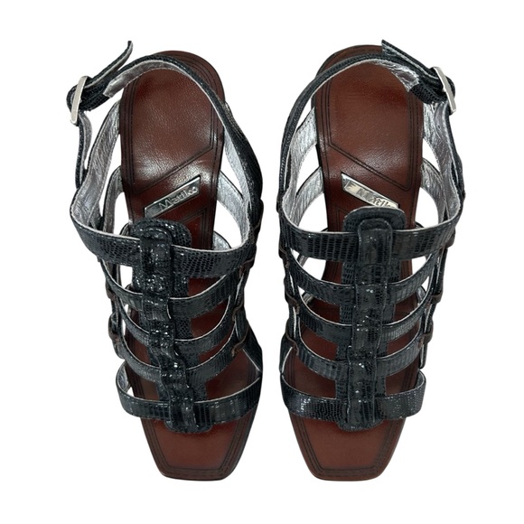 MATIKO Black + Brown Leather Wedge Strappy Sandals 8 - Picture 2 of 11